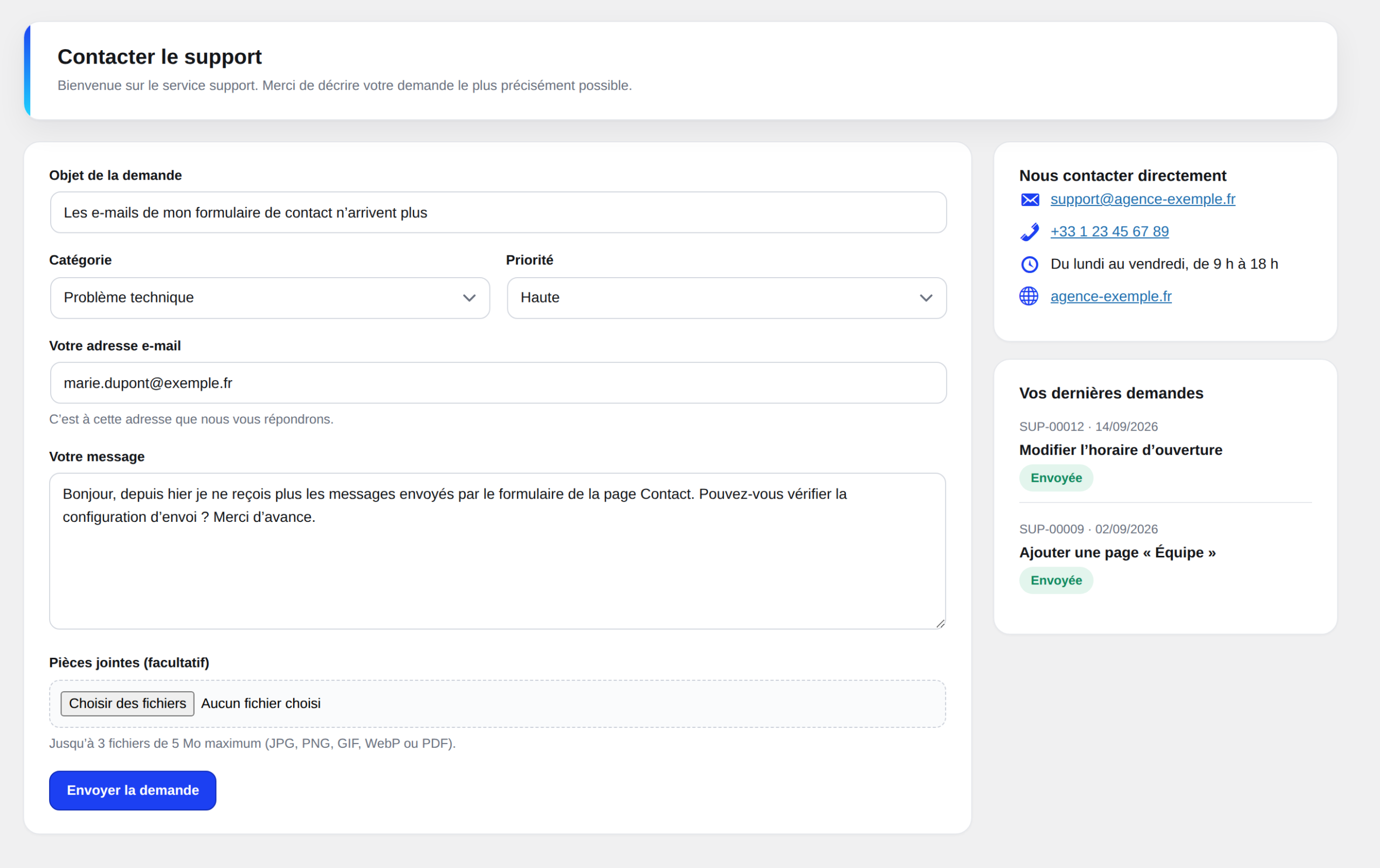 Formulaire de support de Support Hub : objet, catégorie, priorité, message, pièces jointes et historique des dernières demandes