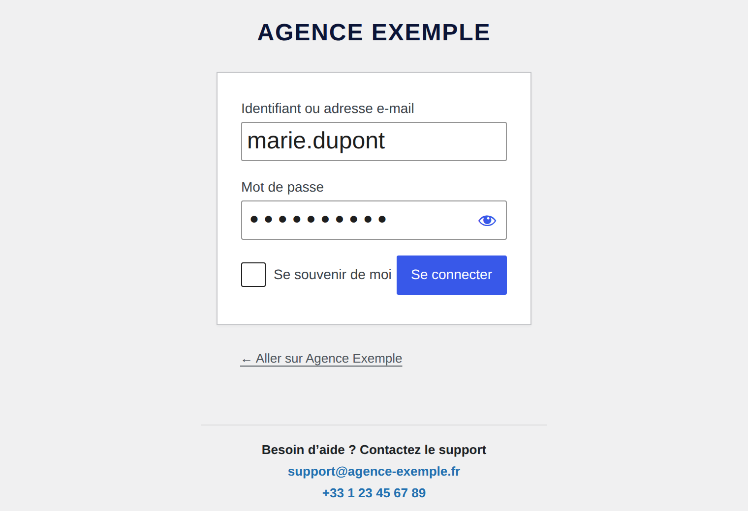 Page de connexion WordPress avec le bloc de contact de Support Hub : texte d’aide, adresse e-mail et téléphone du support
