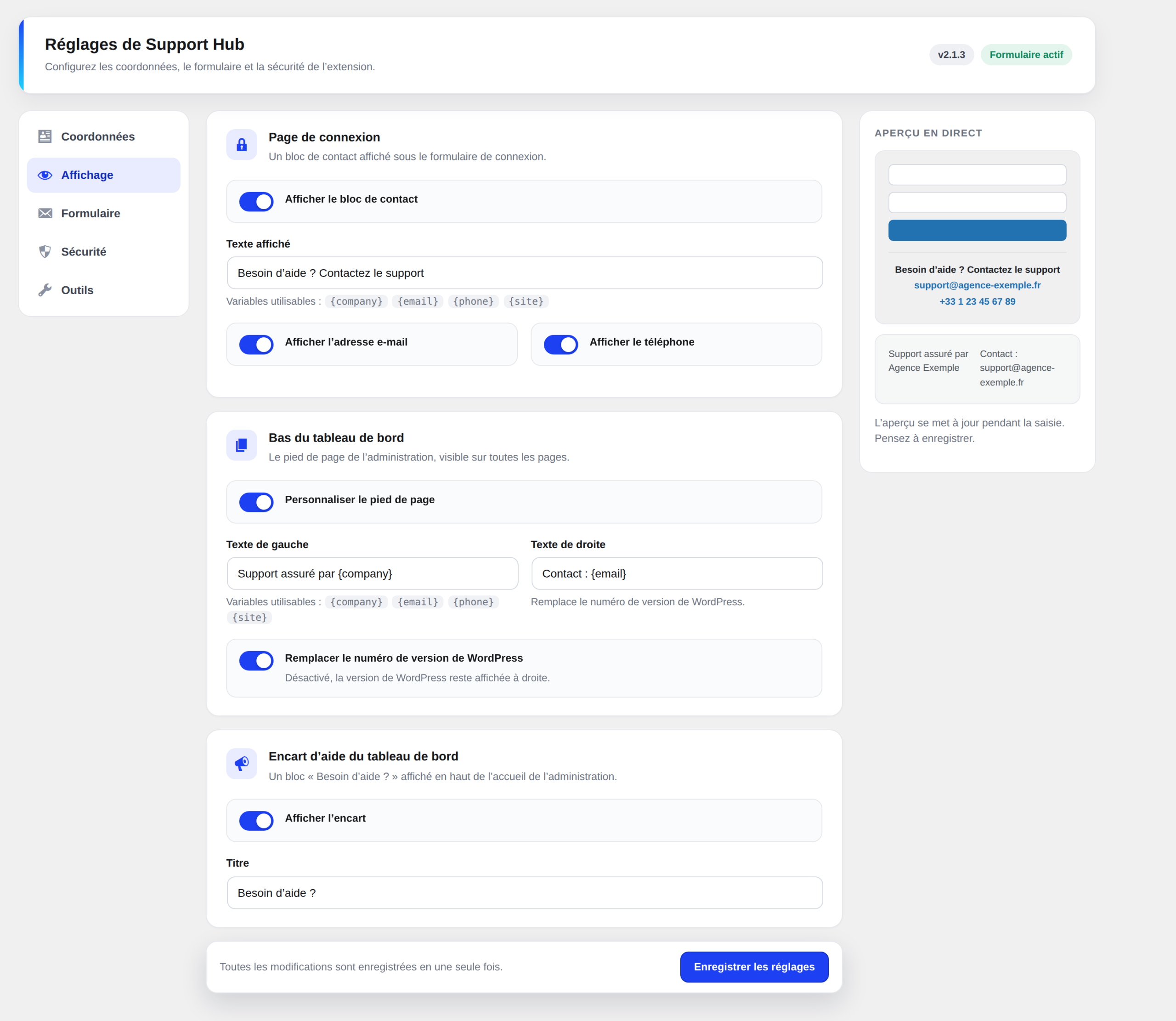 Page de réglages de Support Hub, onglet Affichage : interrupteurs pour la page de connexion, le pied de page et l’encart du tableau de bord, avec aperçu en direct
