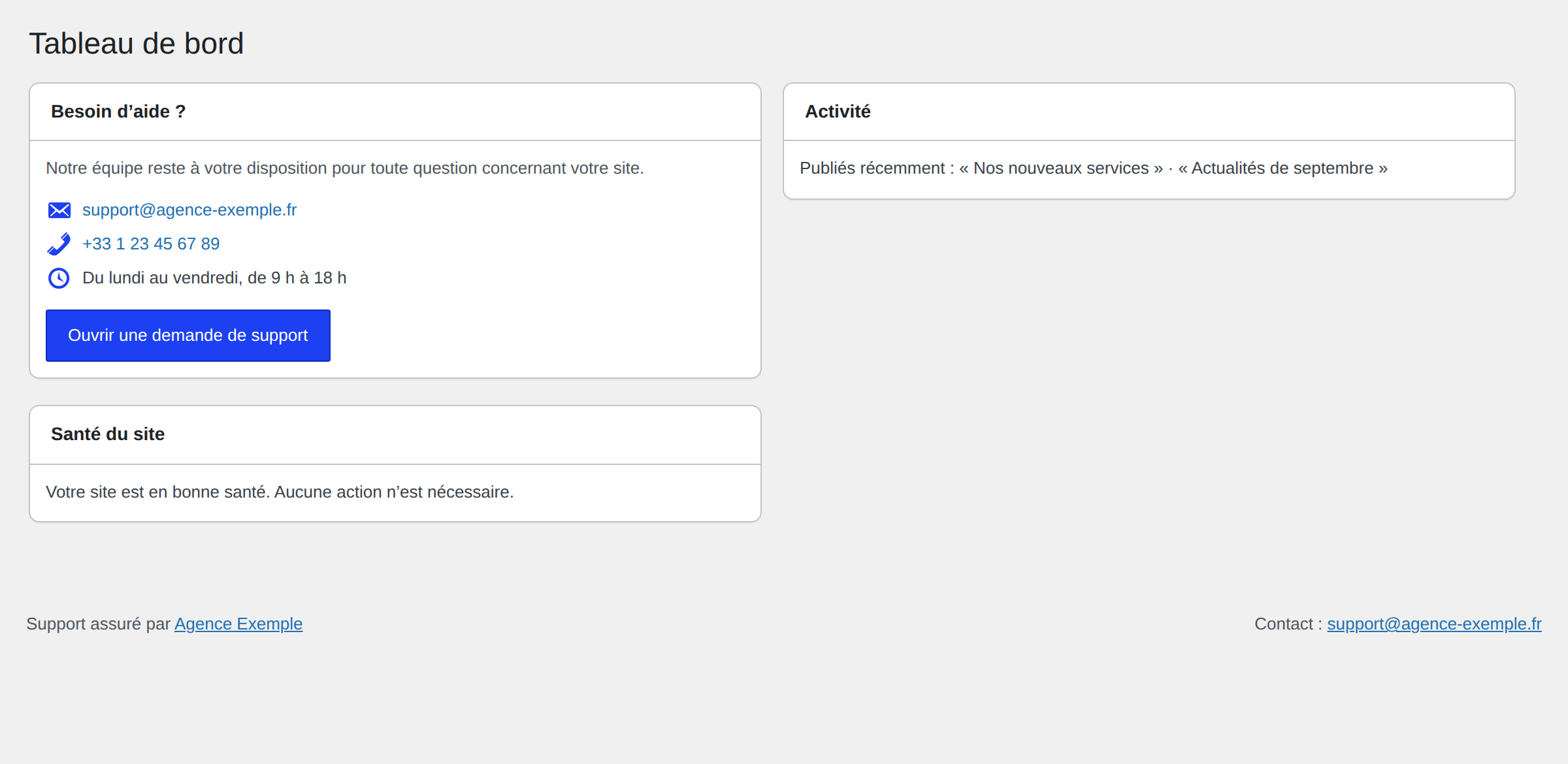 Tableau de bord WordPress avec l’encart « Besoin d’aide ? » de Support Hub et le pied de page personnalisé avec les coordonnées du support