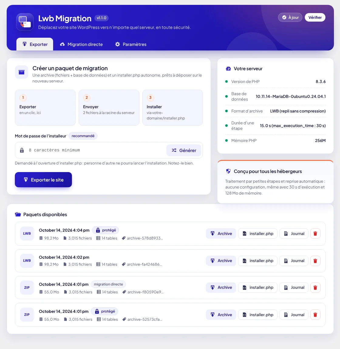 Écran Exporter de Lwb Migration dans l’administration WordPress