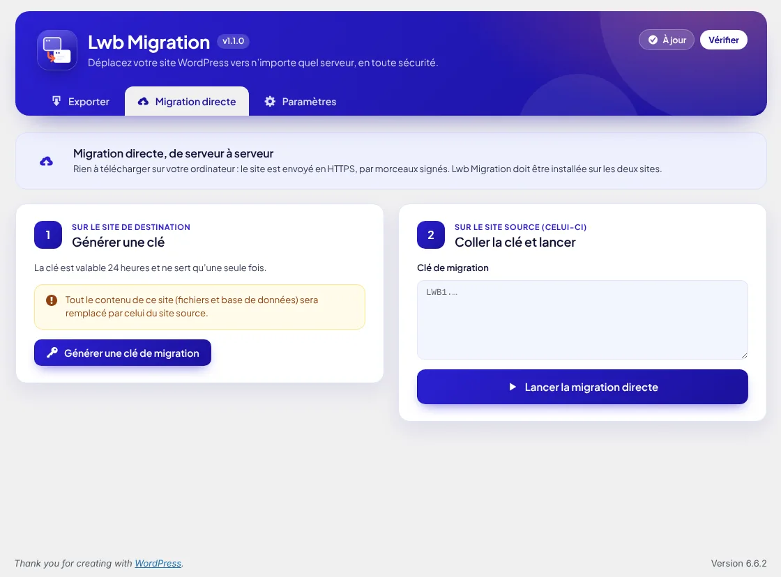 Migration directe : clé de transfert