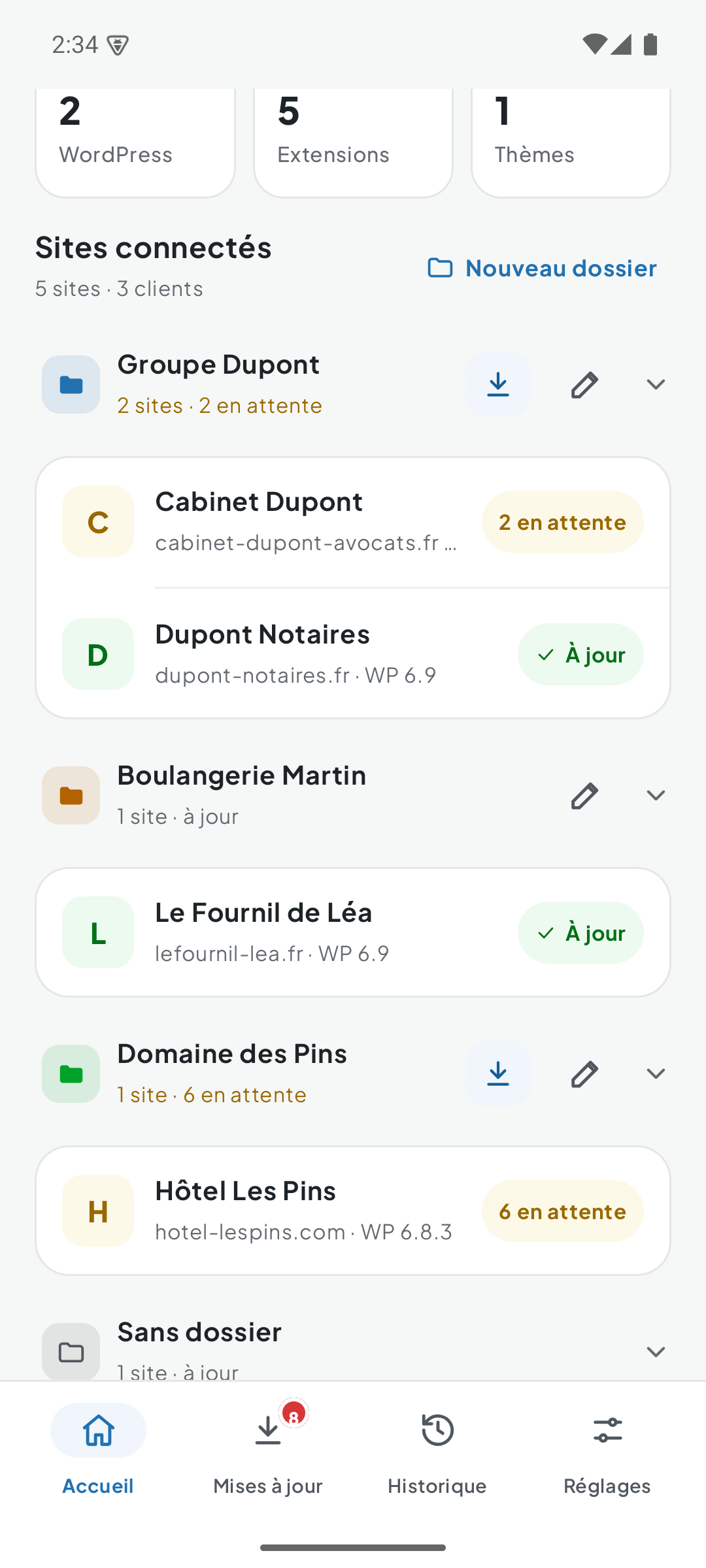 Sites regroupés par dossier client